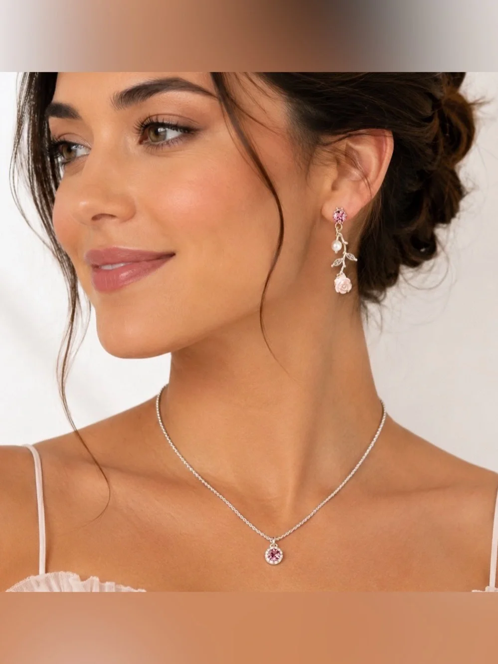 🌸 Pink Crystal Necklace & Rose Drop Earrings Set | Pearl Floral Jewelry | Femini